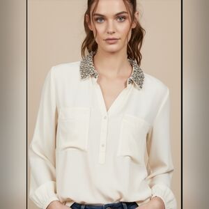 MADE IN ITALY Women's Cream Blouse with Embellished Collar SIZE LARGE